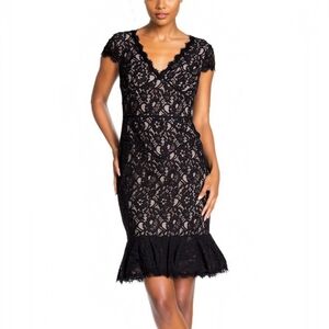 NUE Focus by Shani - Black V-Neck Lace Dress with Flounce Bodycon Sheath Size 2‎